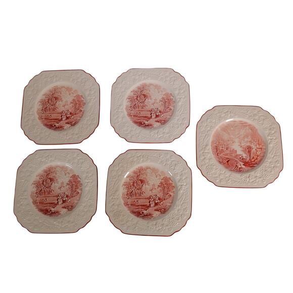 Vintage George Jones & Sons Plates Set of 5  - Rhapsody & Sons Red Transferware - Picture 1 of 7